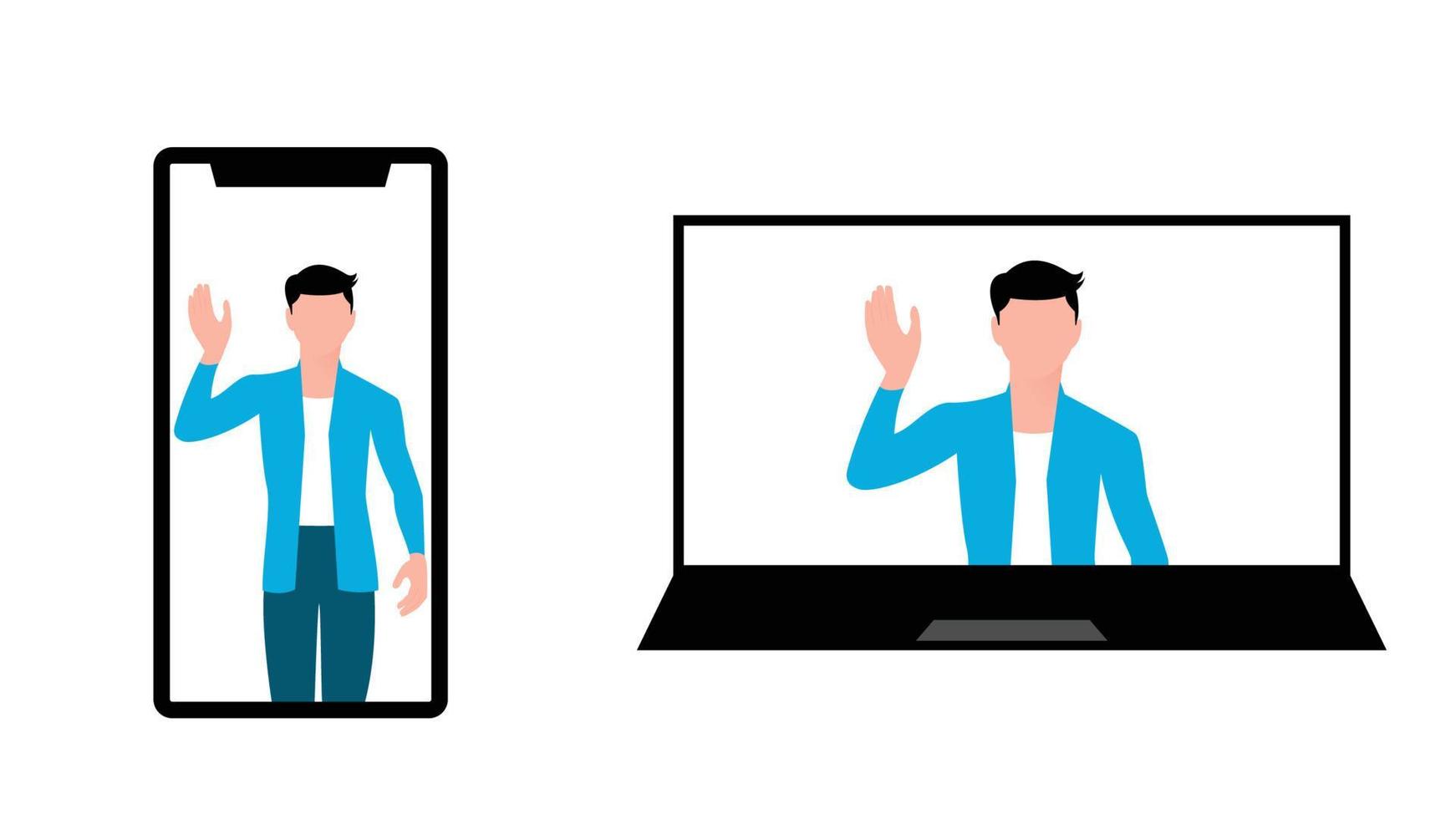 uomo che agita la mano dal telefono e dal laptop, illustrazione vettoriale del carattere aziendale su sfondo bianco.