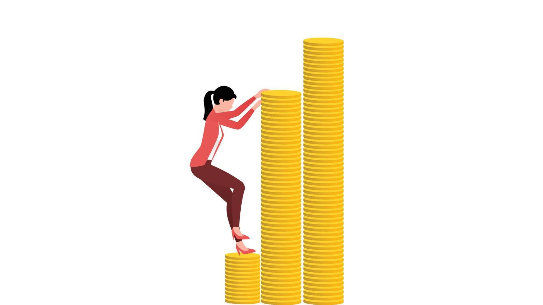 donna che si arrampica su una pila di monete, illustrazione vettoriale di carattere aziendale piatto su sfondo bianco.