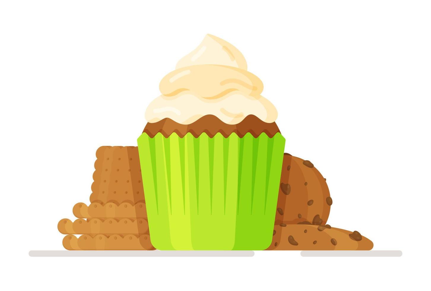 illustrazione vettoriale di un bel cupcake con un berretto bianco su sfondo bianco.