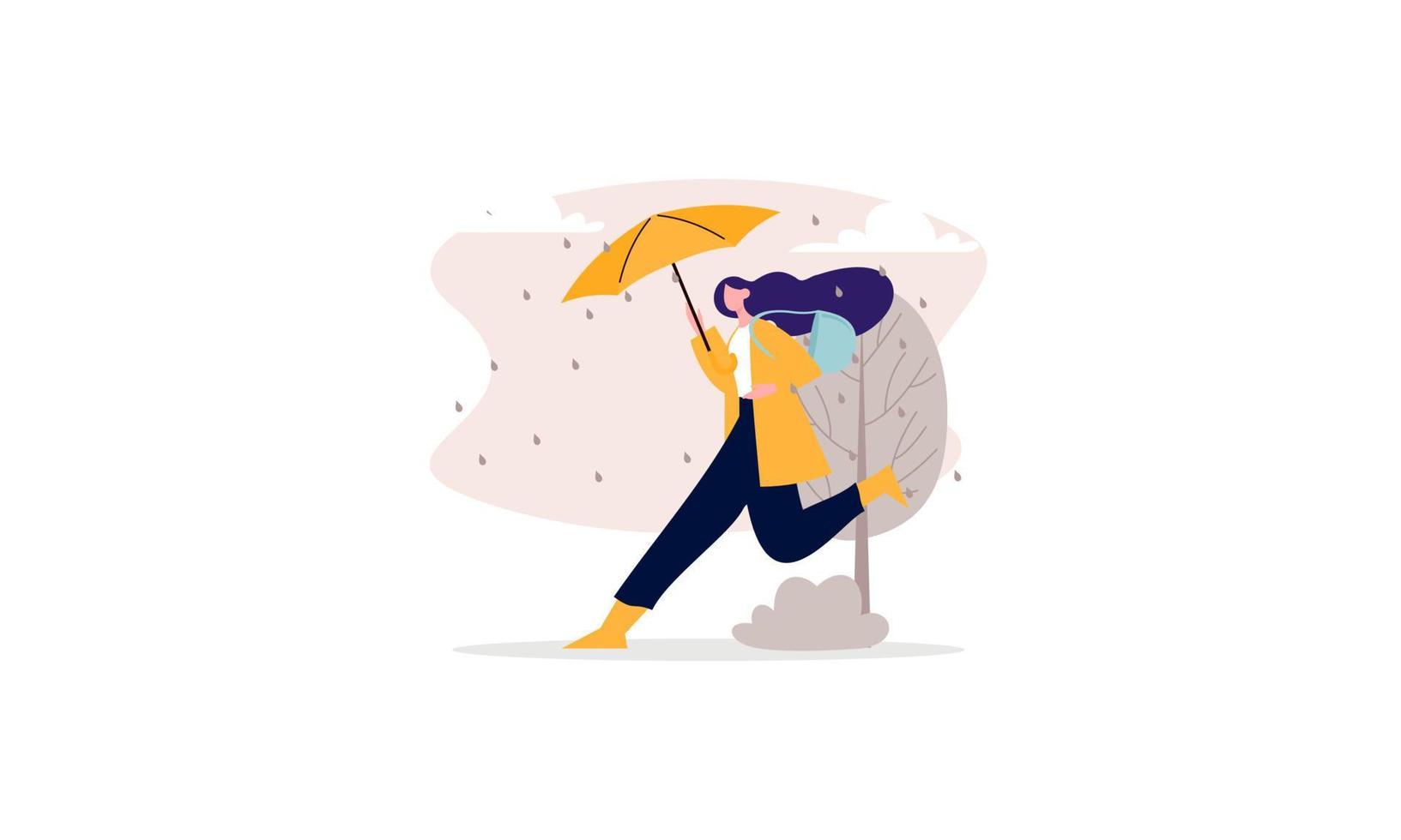 la gente che cammina con gli ombrelli fa il tempo con l'illustrazione dei paesaggi piovosi vettore