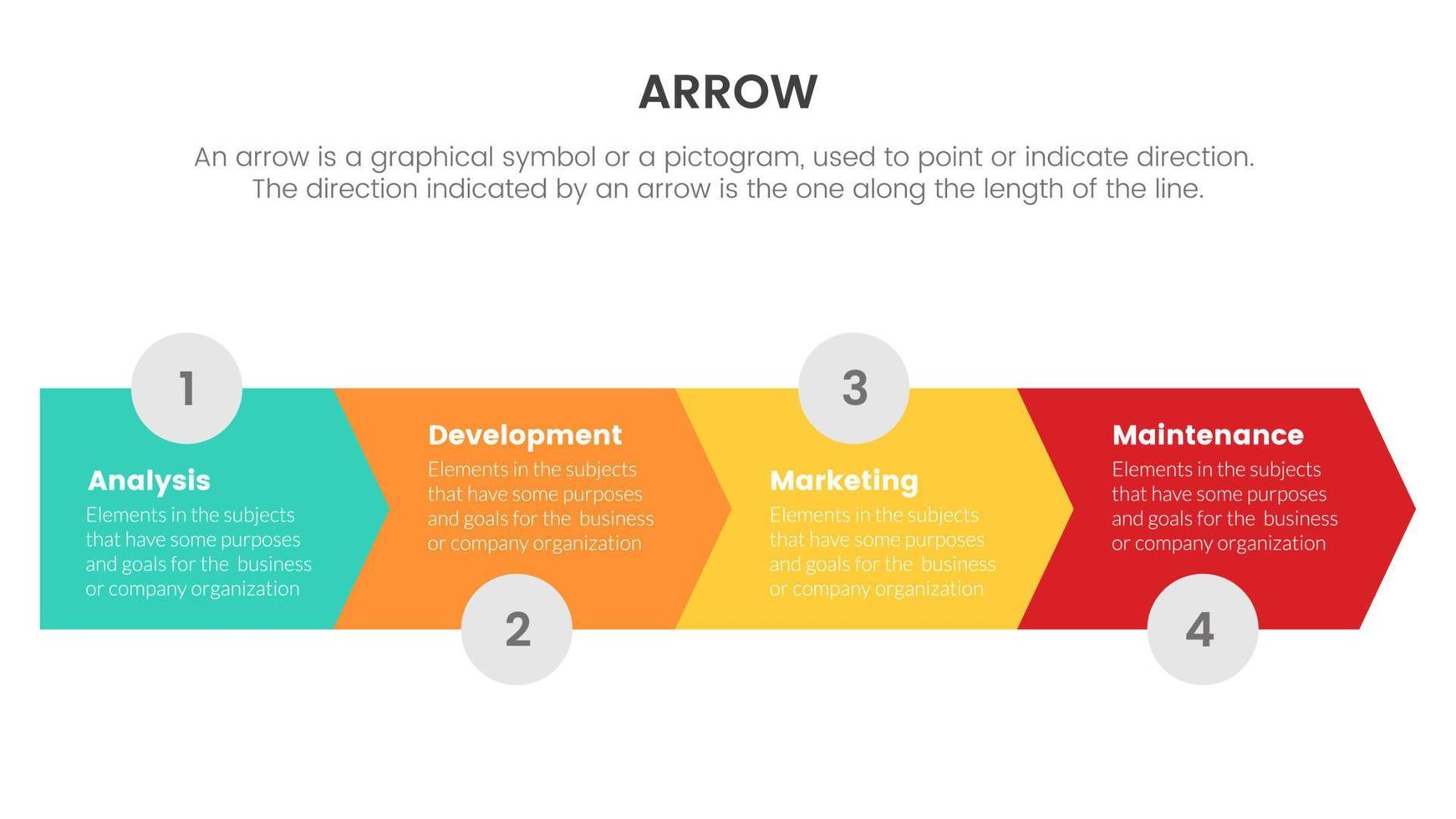 infografica a freccia con concetto di sequenza temporale per la presentazione di diapositive con elenco a 4 punti e direzione della forma della freccia vettore