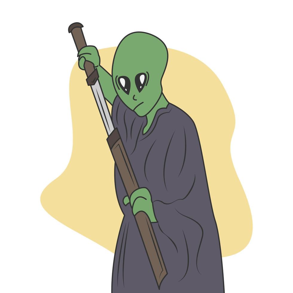 personaggio alieno che tiene una spada in stile cartone animato piatto vettore