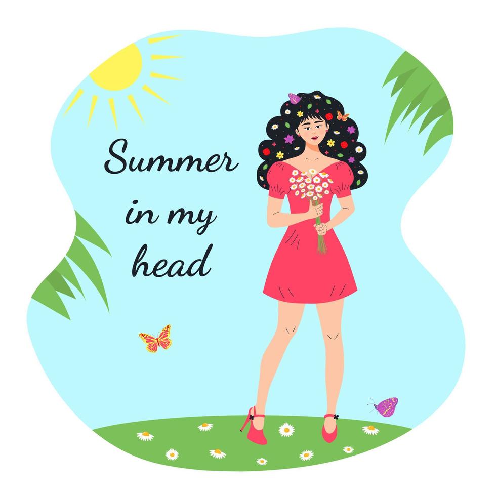 bella ragazza con bouquet di camomille è in piedi sul prato. fiori, foglie e farfalle tra i suoi capelli neri. citazione estate nella mia testa. vettore