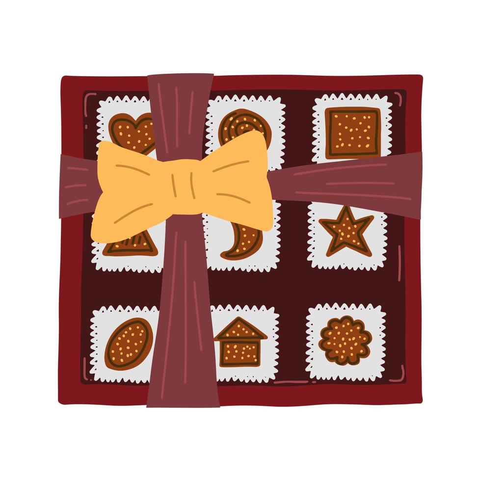 caramelle al cioccolato in una scatola festiva. illustrazione vettoriale disegnata a mano con stile