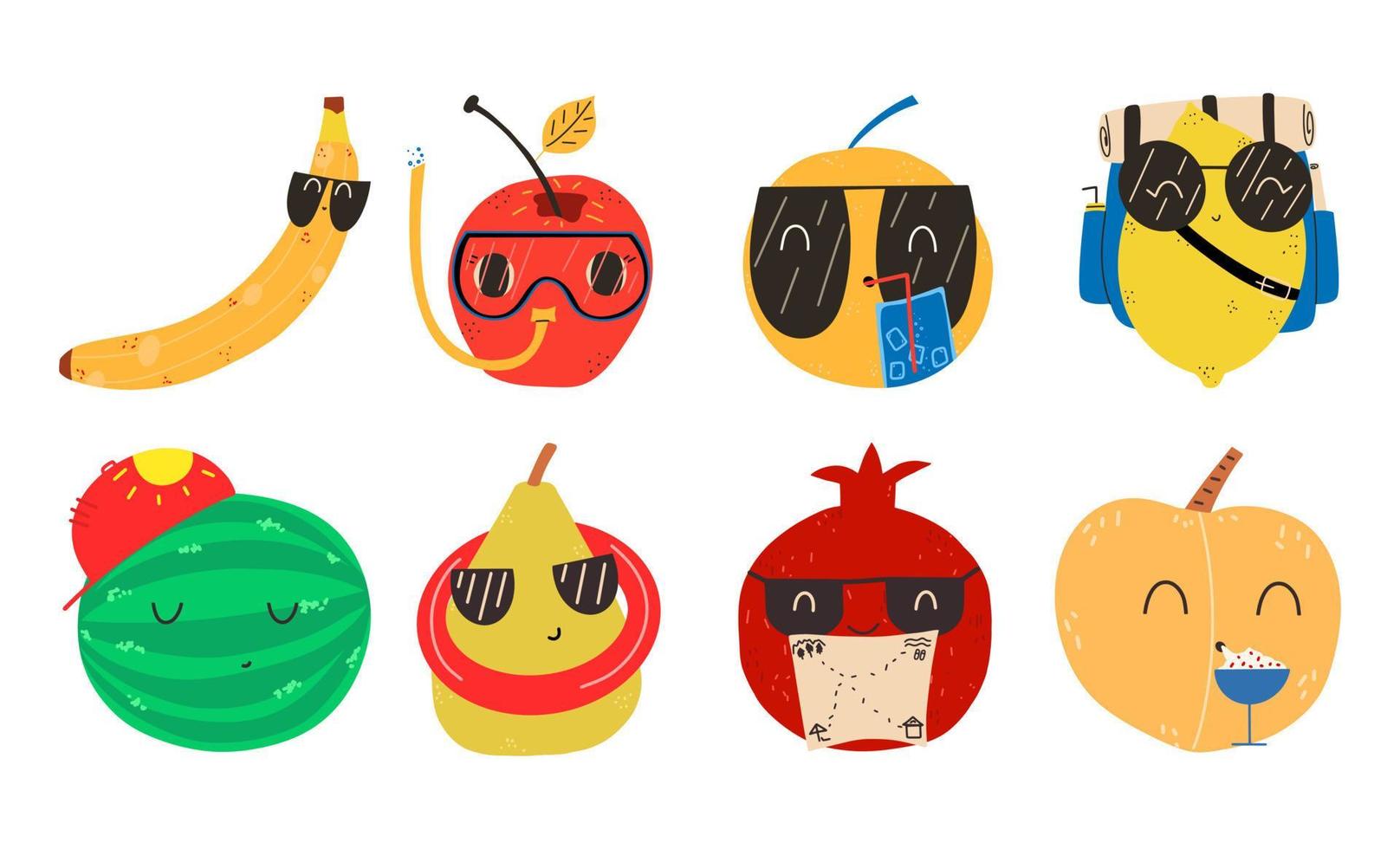 set di divertenti personaggi di frutta estiva. illustrazione vettoriale in stile piatto