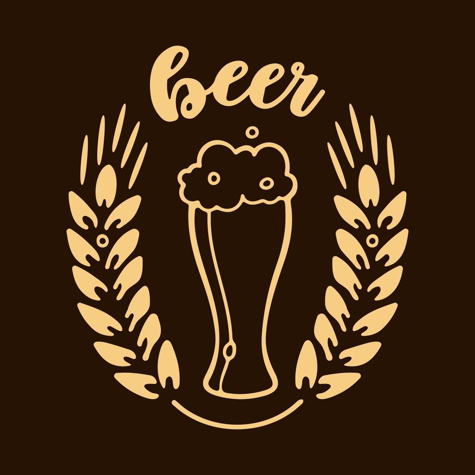 un bicchiere di birra e una sagoma di spighe di grano. illustrazione vettoriale del logo della birra isolata su sfondo marrone scuro.