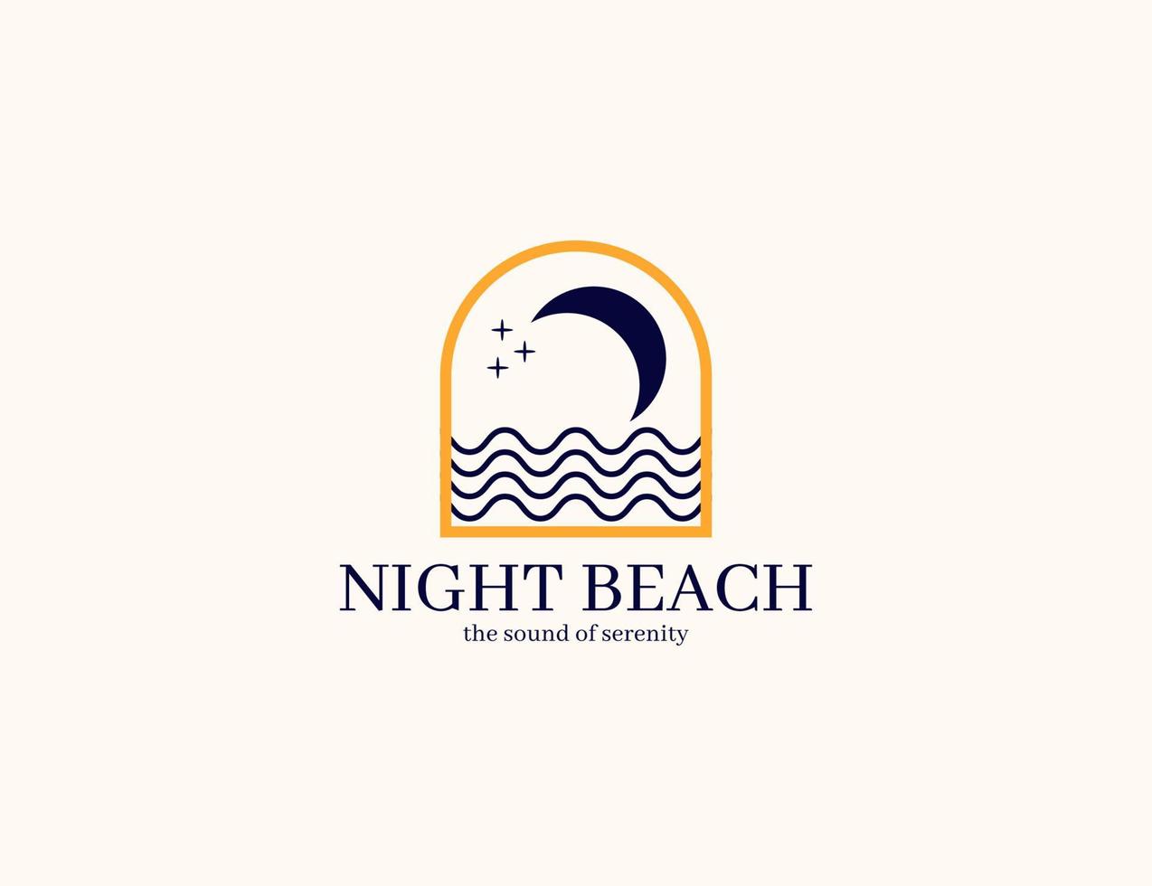 elegante spiaggia notturna con logo luna e onda vettore