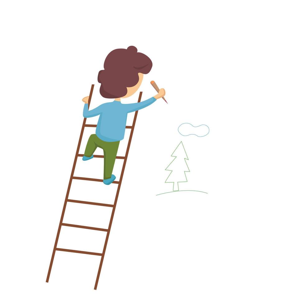 un ragazzino è salito su una scala e disegna un paesaggio con una matita. illustrazione del fumetto di vettore. vettore