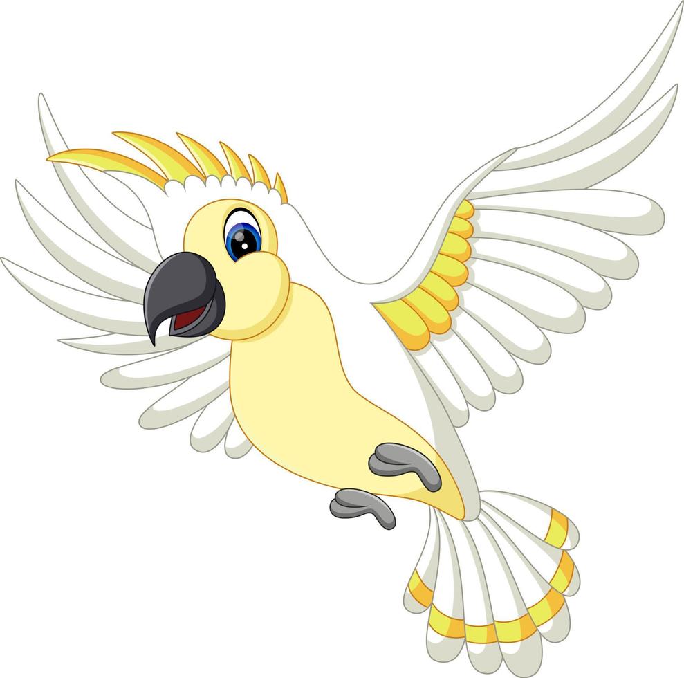 cartone animato divertente pappagallo bianco volante vettore
