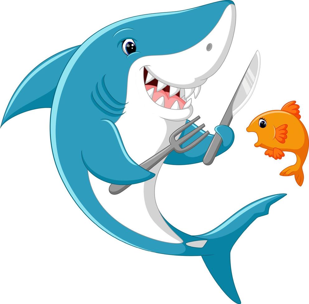 simpatico cartone animato di squalo pronto a mangiare pesciolini vettore