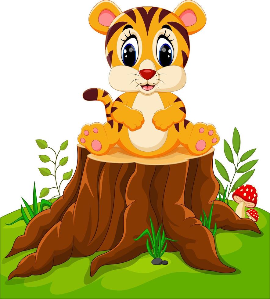 simpatico cucciolo di tigre seduto sul ceppo di albero vettore