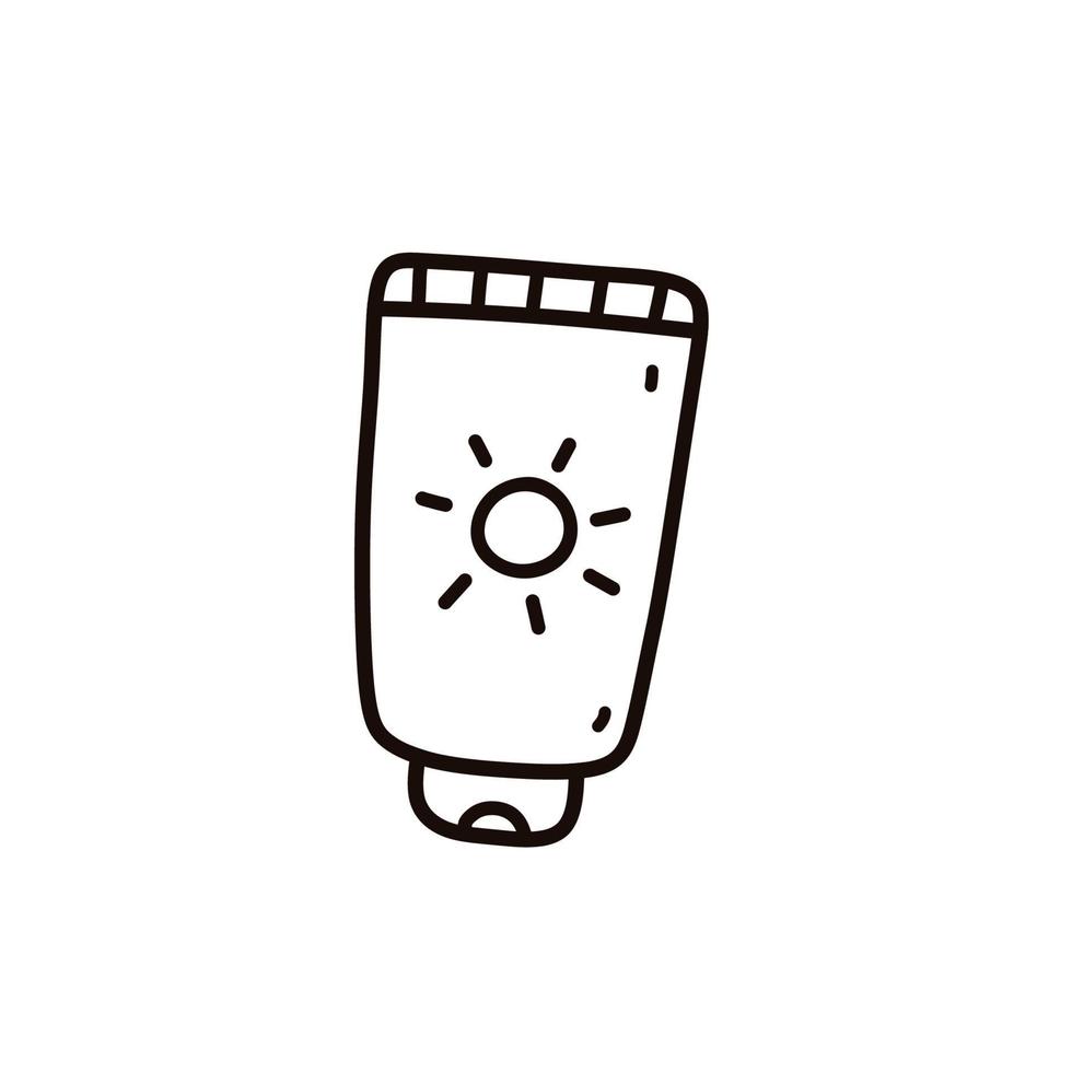 tubo di crema solare isolato su sfondo bianco. lozione per la protezione dai raggi ultravioletti. illustrazione disegnata a mano di vettore in stile doodle. perfetto per loghi, carte, disegni estivi.