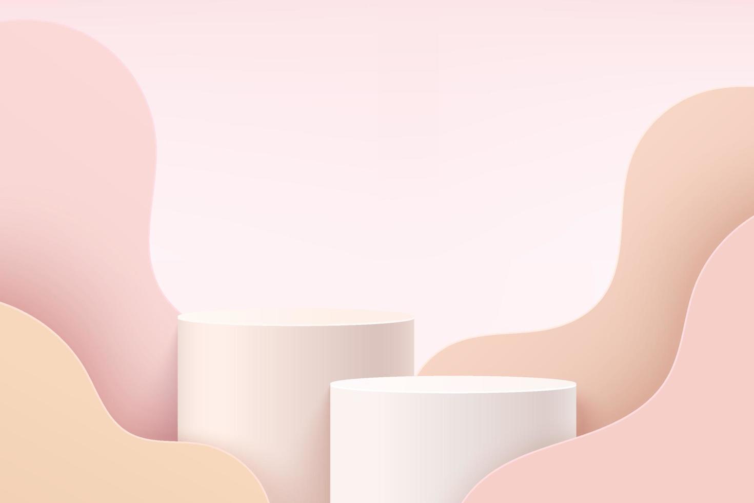 piedistallo cilindro 3d astratto bianco e rosa o podio con sfondo ondulato a strati. scena minimal rosa chiaro di lusso per la presentazione di prodotti cosmetici. piattaforma di rendering geometrico vettoriale. vettore