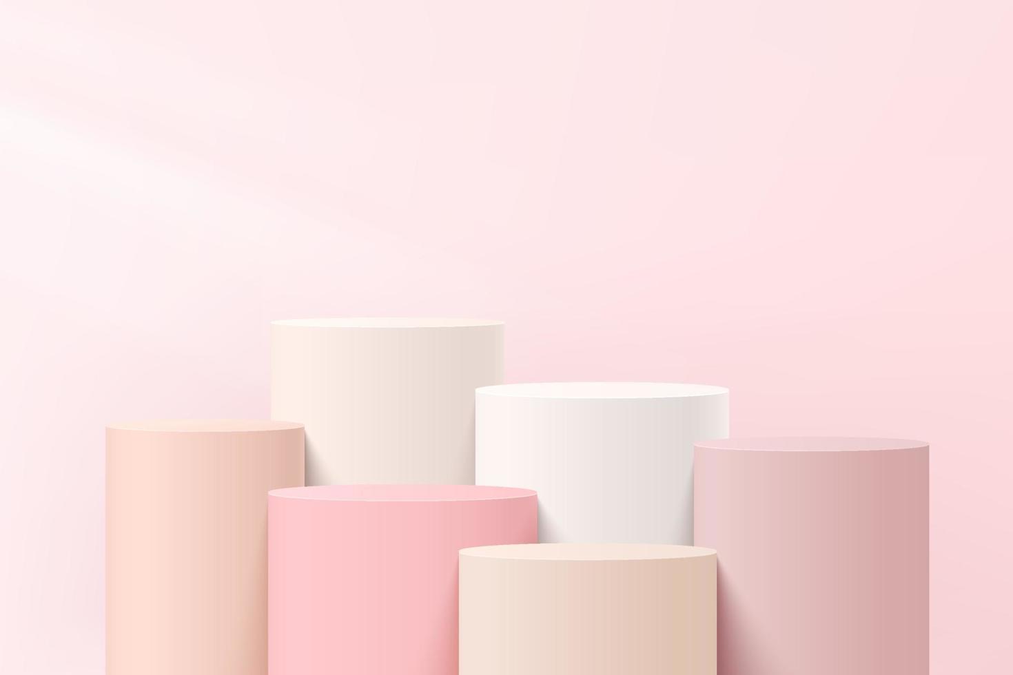 piedistallo cilindrico astratto bianco e rosa 3d o podio con parete rosa pastello per la presentazione di prodotti cosmetici. progettazione della piattaforma di rendering geometrico vettoriale. vettore eps10.