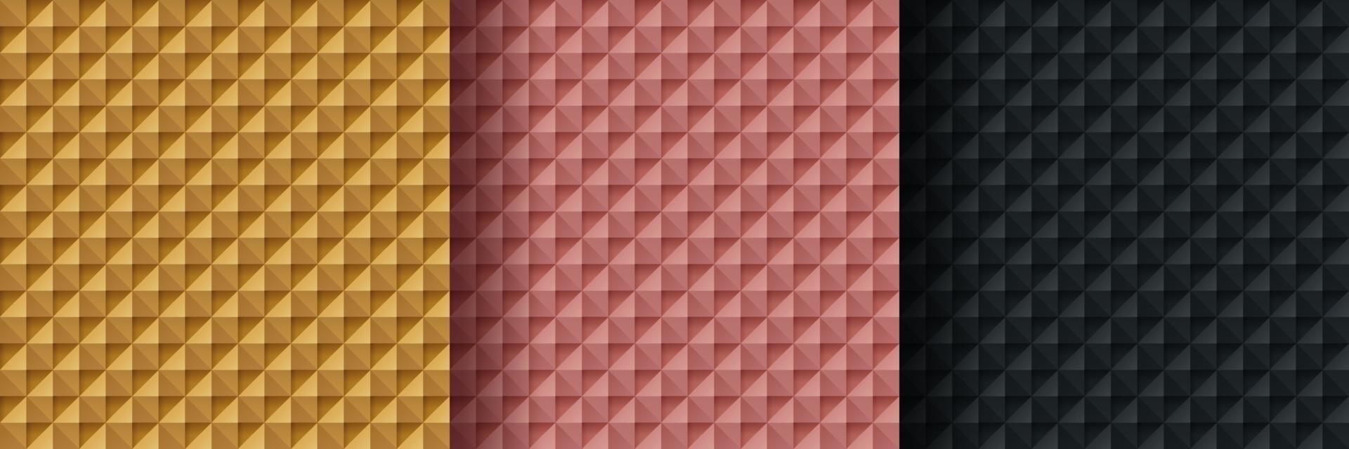 set di motivi geometrici astratti dorati, oro rosa e neri, sfondo di triangoli 3d di lusso. può essere utilizzato per copertina, grafica, pubblicità stampata, poster, banner web. semplice e minimale. vettore eps10.