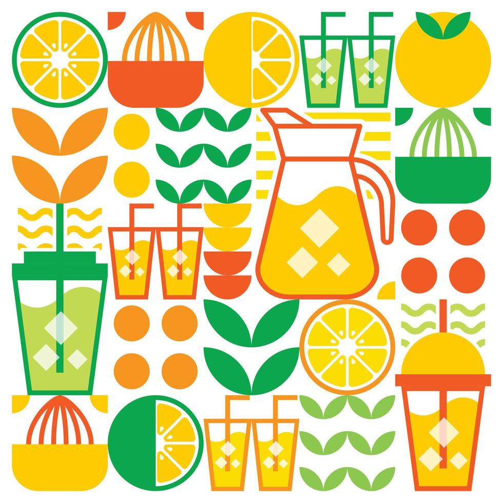 semplice illustrazione piatta di forme astratte di agrumi, limoni, limonata, lime, foglie e altri simboli geometrici. icona di bevanda ghiacciata con succo d'arancia fresco con bicchiere, brocca, paglia e bicchiere di plastica. vettore