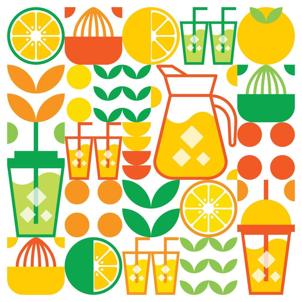 semplice illustrazione piatta di forme astratte di agrumi, limoni, limonata, lime, foglie e altri simboli geometrici. icona della bevanda ghiacciata con succo d'arancia fresco con bicchiere, brocca, paglia e bicchiere di plastica. vettore