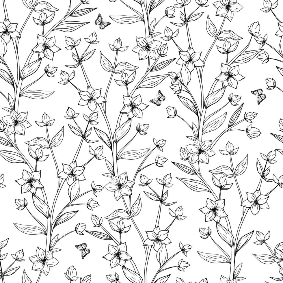 rami disegnati a mano floreali. illustrazione in bianco e nero. piccole foglie carine, fiori. vettore