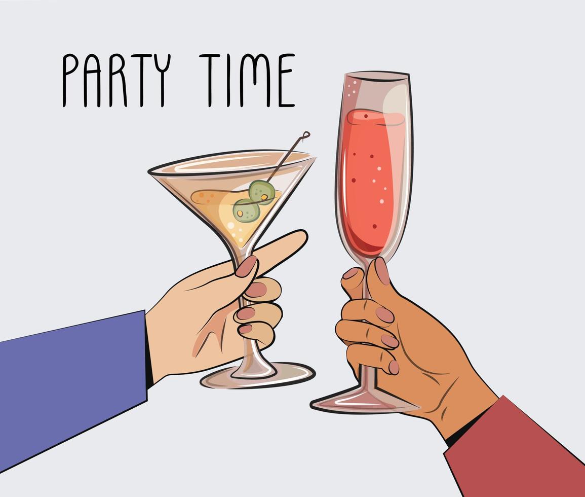 bicchiere di vino in cristallo martini champagne bevande alcoliche alla festa, inviti per feste carta di compleanno occhiali vettoriali in mani diversi colori della pelle isolati su bianco design del menu del ristorante bar salva la data