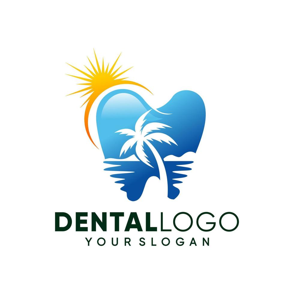 ispirazione moderna per il design del logo dei denti dentali sulla spiaggia vettore