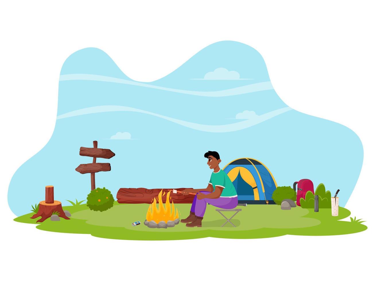 un ragazzo cucina marshmallow su un falò. campeggio estivo, escursionismo, camper, concetto di tempo di avventura. illustrazione vettoriale piatta per poster, banner, volantini.