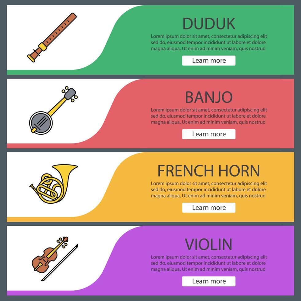 set di modelli di banner web di strumenti musicali. duduk, banjo, corno francese, violino. voci di menu a colori del sito Web. concetti di progettazione di intestazioni vettoriali