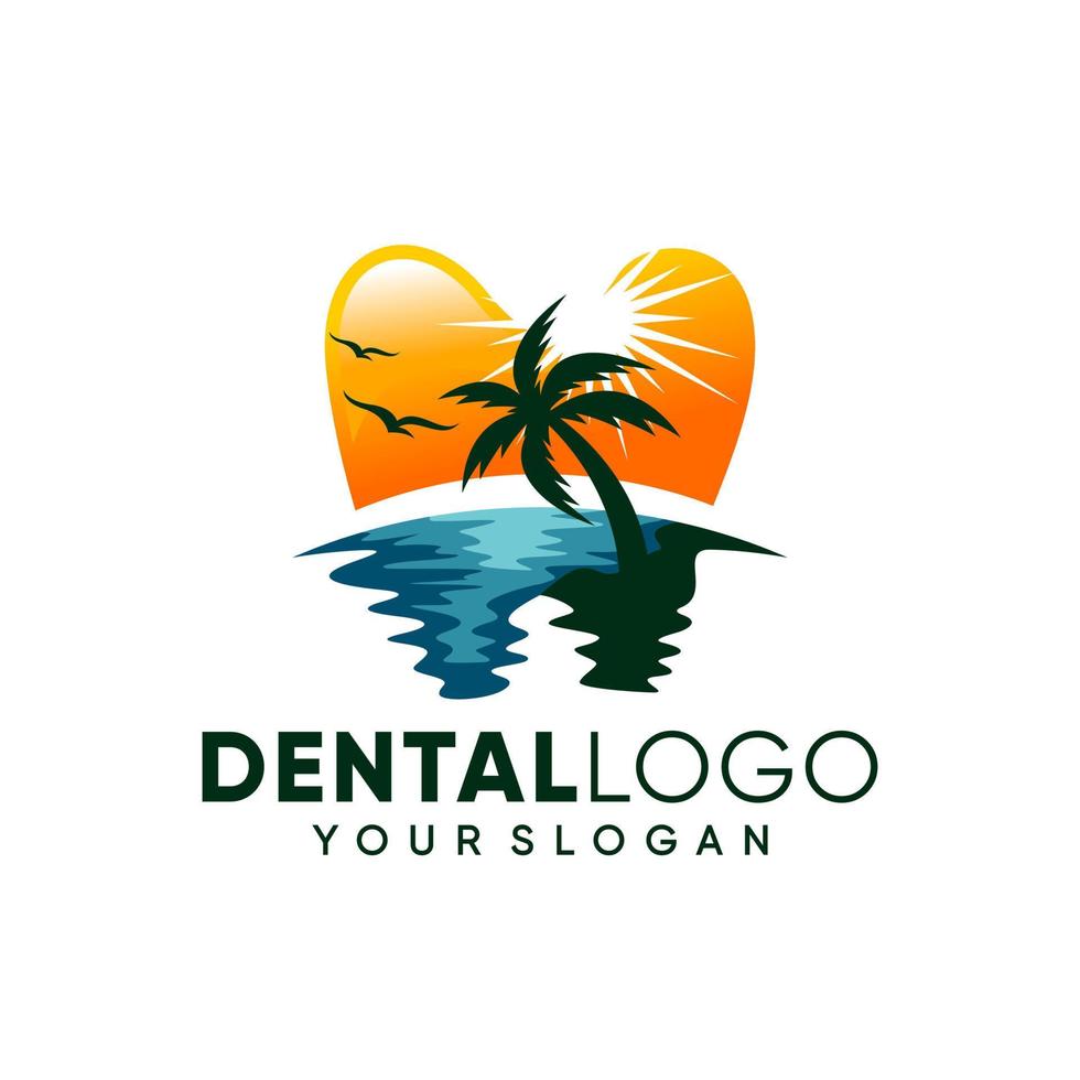 ispirazione moderna per il design del logo dei denti dentali sulla spiaggia vettore