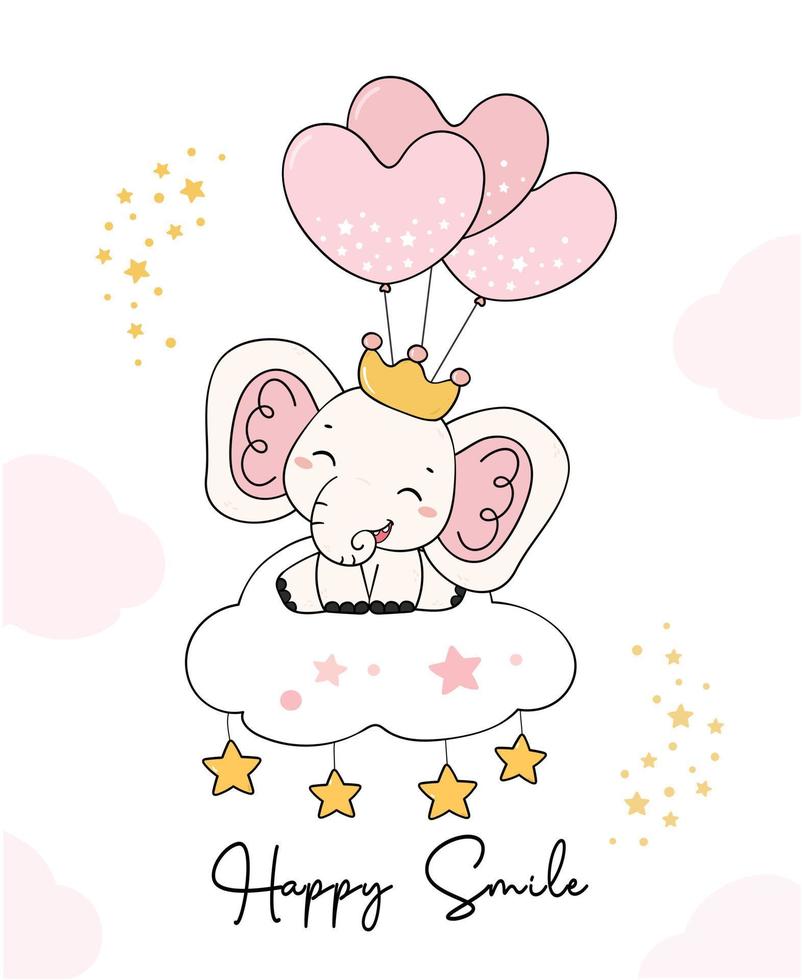 carino bambino rosa elefante bosco principe sulla nuvola felice sorriso compleanno biglietto di auguri cartone animato vettore