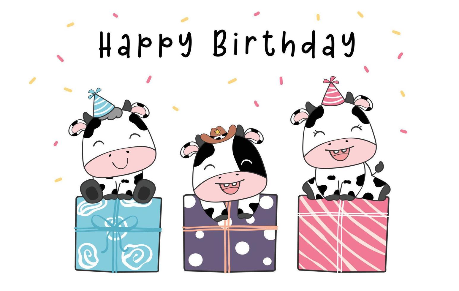 gruppo di diversità tre carino vitello mucca su scatole presenti, buon compleanno, adorabile fattoria animale cartone animato personaggio vivaio illustrazione del disegno vettore