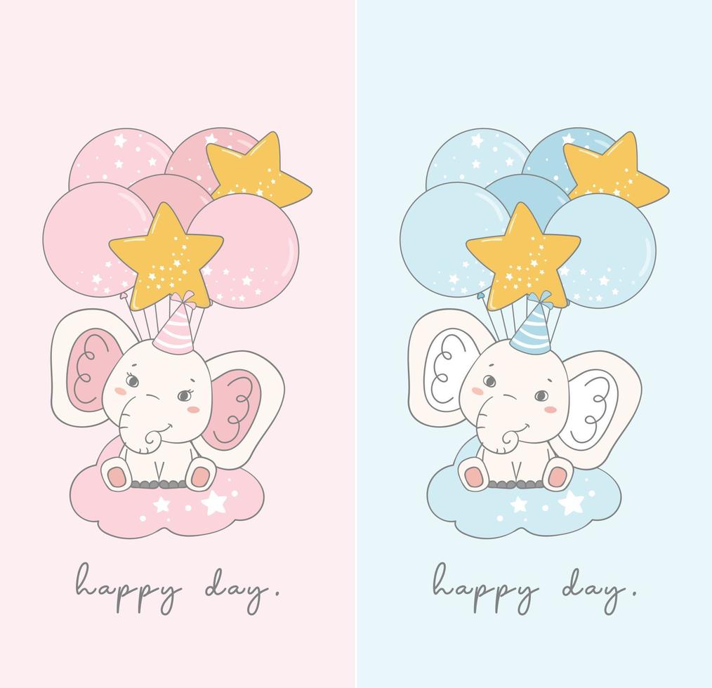 carino baby blue boy e rosa ragazza elefante seduto sulla nuvola con palloncini, cartone animato vivaio doodle animale fauna illustrazione vettore
