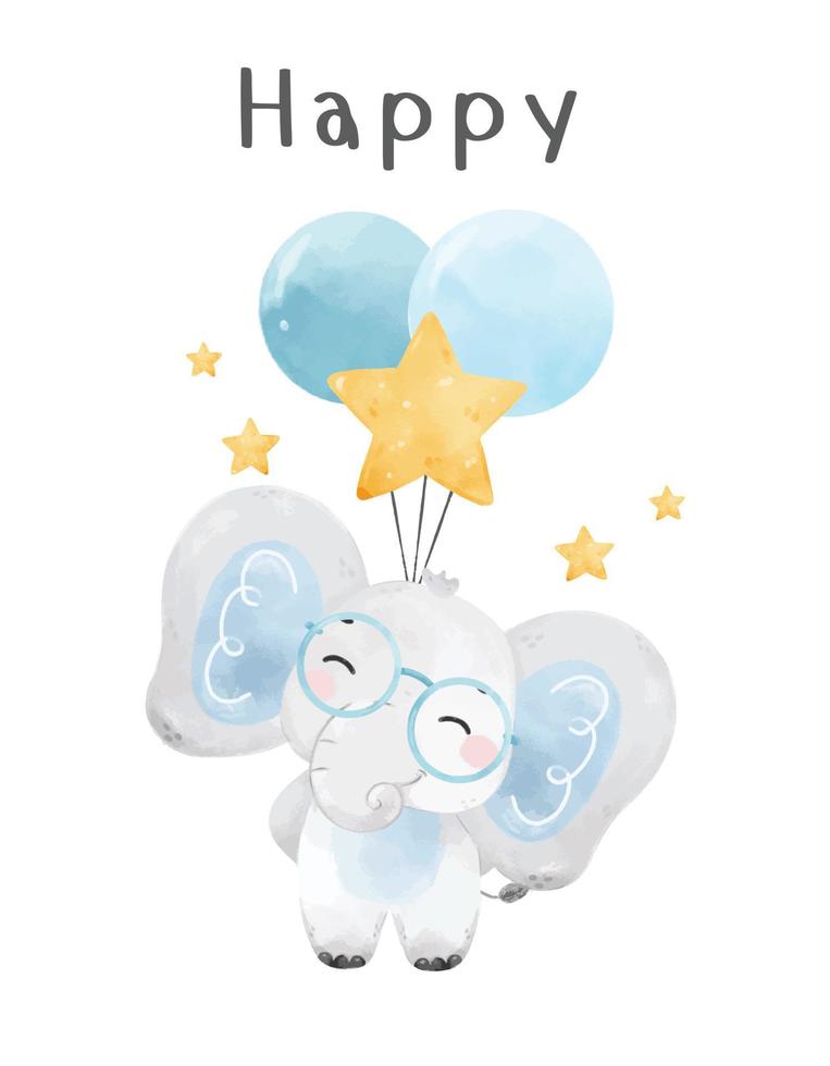 carino felice sorriso bambino principe elefante blu con palloncino acquerello disegnato a mano fauna selvatica animale cartone animato vivaio illustrazione vettore