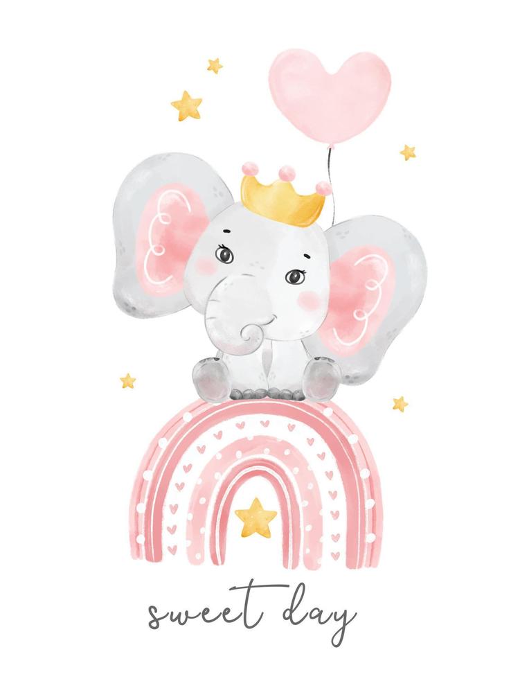 gilr della regina dell'elefante sveglio del bambino con la corona che si siede sull'arcobaleno rosa con il pallone a forma di cuore, illustrazione dell'animale della fauna selvatica del fumetto dell'acquerello vettore