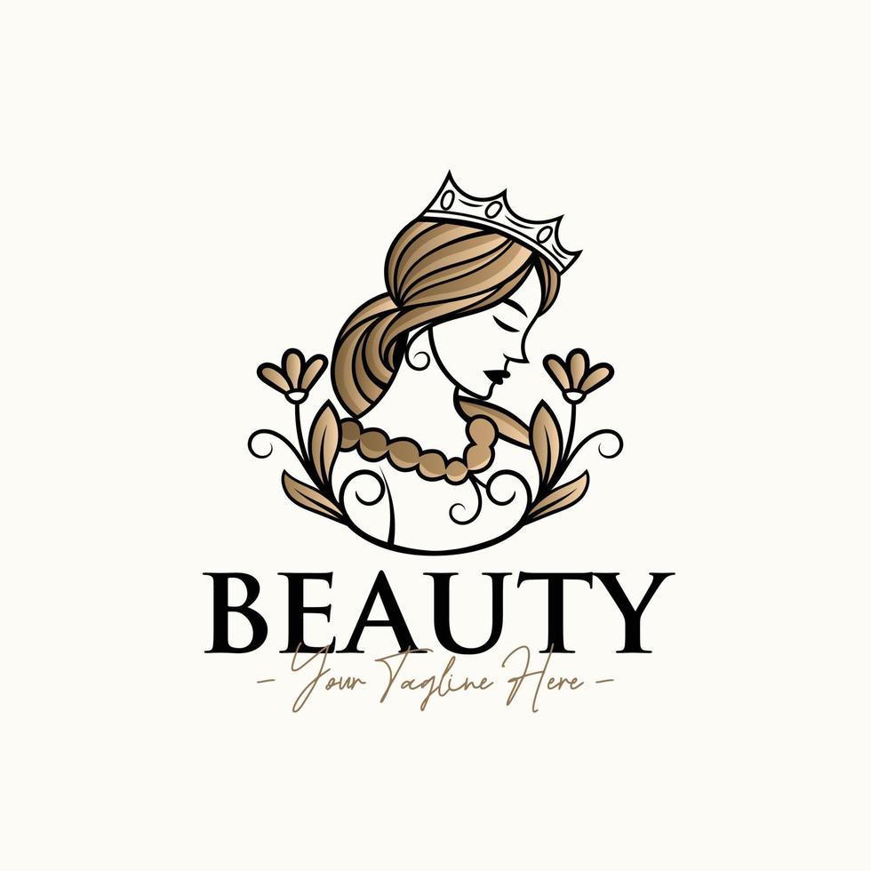 modello di progettazione del logo di bellezza dell'oro femminile della regina naturale della donna vettore