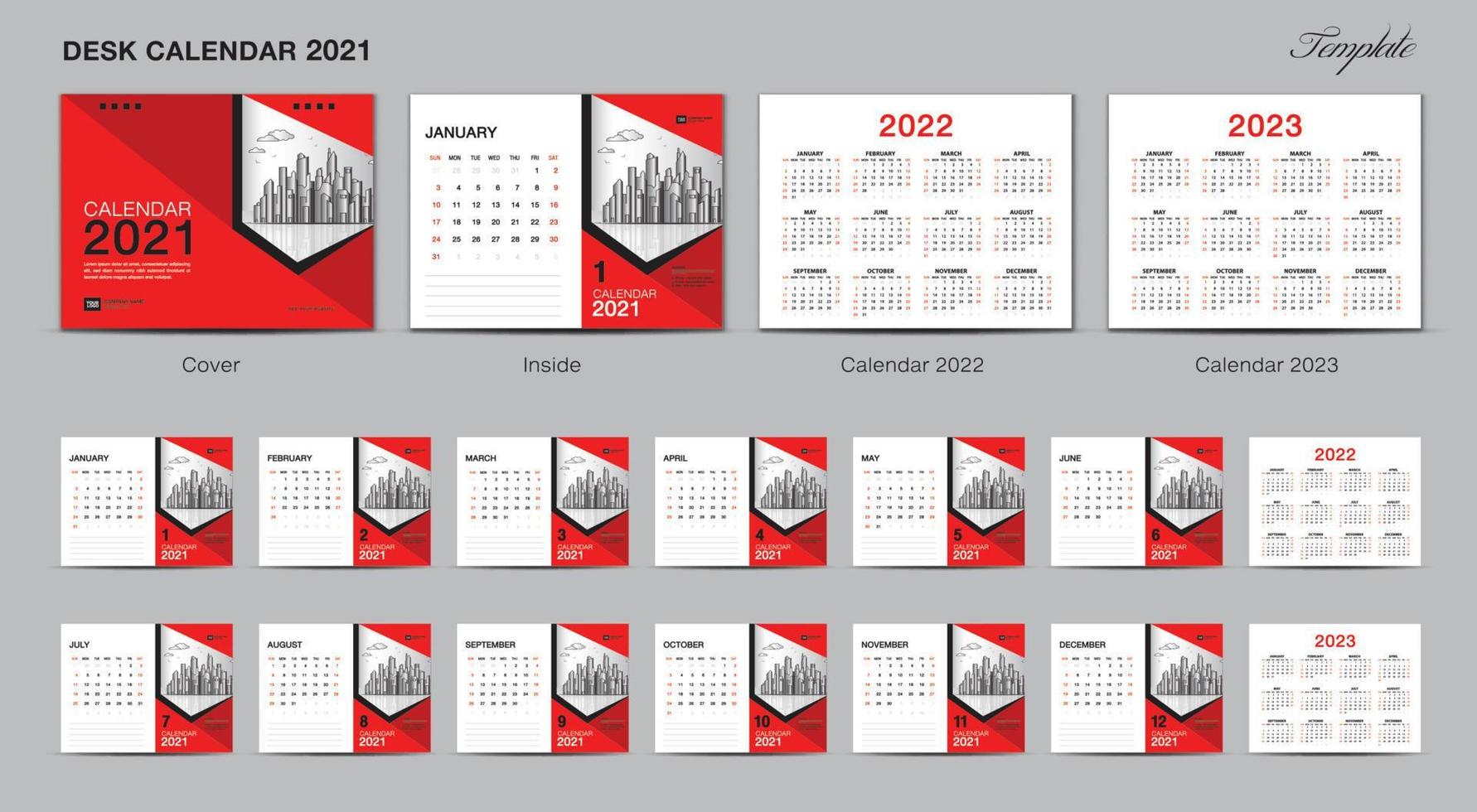 set calendario da tavolo 2021 modello design creativo, calendario 2022, layout 2023, calendario da tavolo mockup 3d, design copertina calendario, set di 12 mesi, settimana inizia domenica, cancelleria. vettore