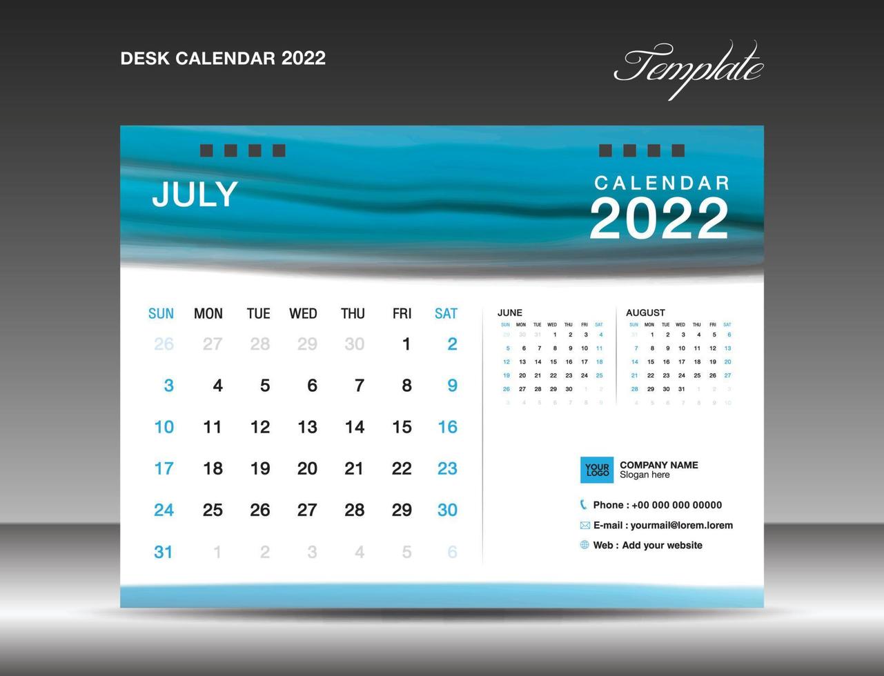 calendario da tavolo 2022 modello vettoriale, luglio 2022 anno vettore