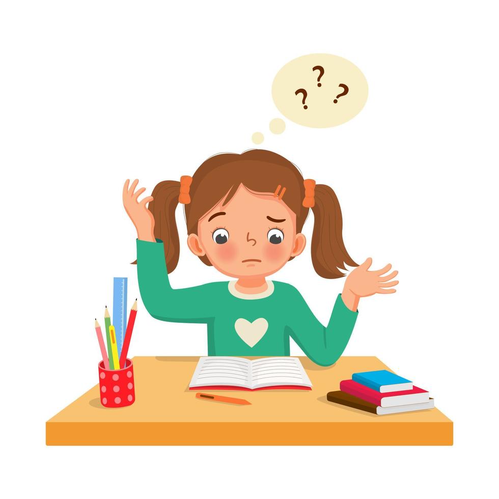 bambina confusa con un punto interrogativo che ha problemi quando fa i suoi difficili compiti di matematica alla scrivania vettore