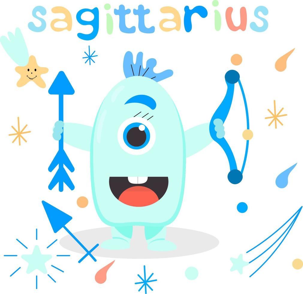 simpatico cartone animato zodiaco mostro sagittario. sullo sfondo di attributi cosmici, stelle, stella cadente, segno zodiacale. ottima stampa per i vestiti dei bambini. cartolina di congratulazioni. vettore