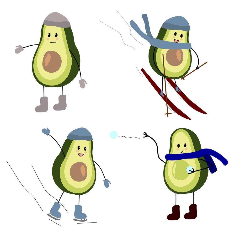 set di illustrazioni vettoriali personaggio avocado ragazzo e giochi attivi invernali. pattinaggio su ghiaccio, sci, battaglie a palle di neve.