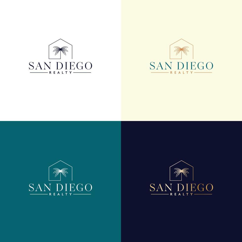 modello di logo vettoriale con villa e palme - icona astratta di estate e vacanza ed emblema per case vacanze, servizi di viaggio, centri termali tropicali e studio di bellezza. design del logo di san diego realty