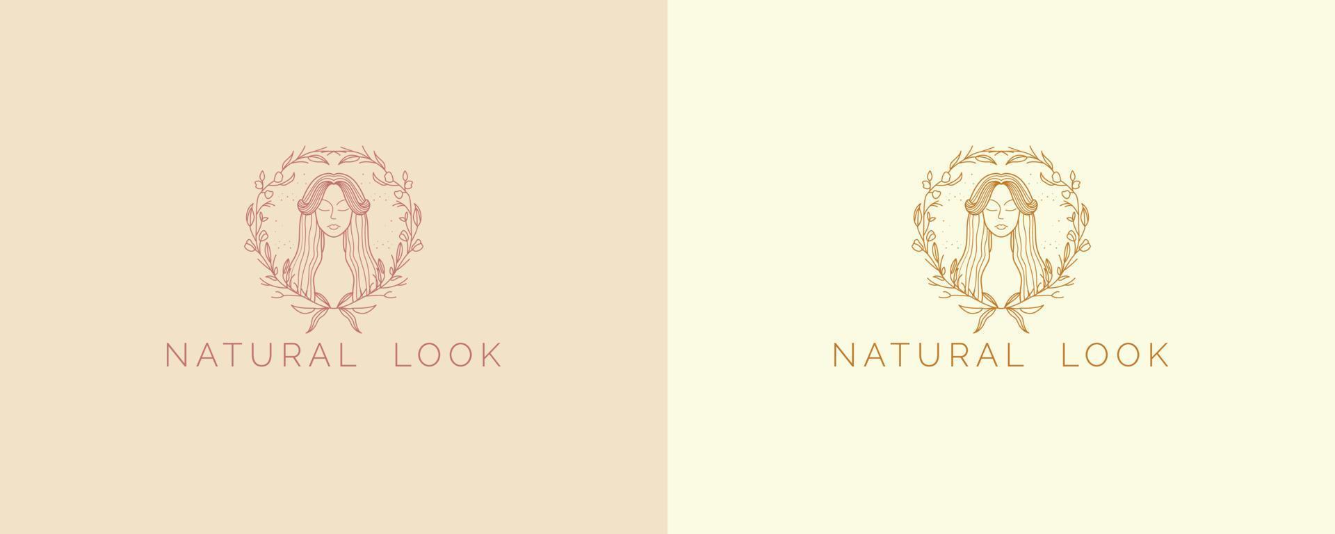 bellezza viso donna. cosmetici, spa, yoga, cura della pelle, illustrazione vettoriale moderna piatta. logo in stile minimal e modello di progettazione vettoriale di branding. design del logo dall'aspetto naturale