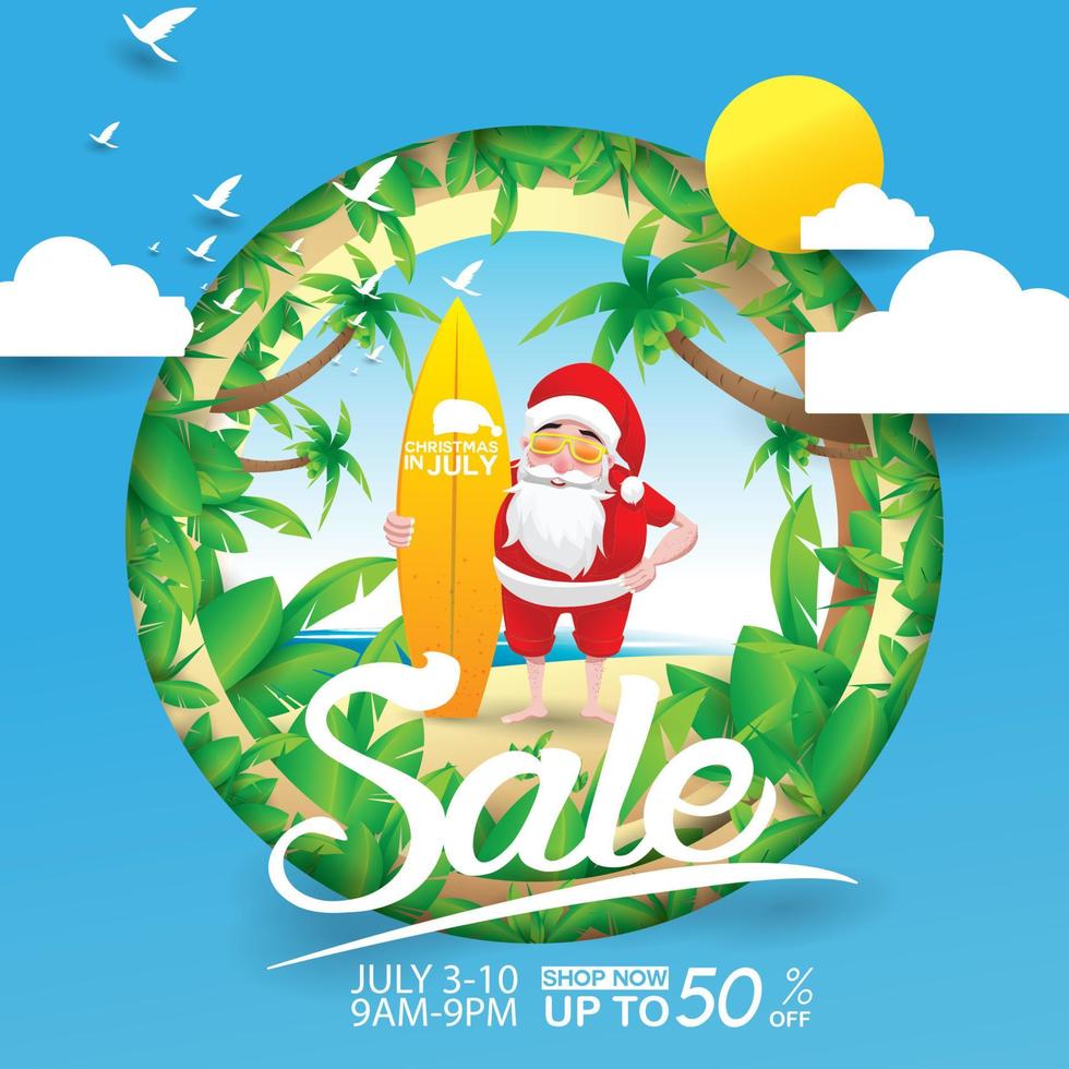 natale a giugno, luglio, agosto, per poster, marketing, pubblicità, saldi estivi, biglietto di auguri. babbo natale in estate con offerte di sconti per lo spazio di copia. vettore