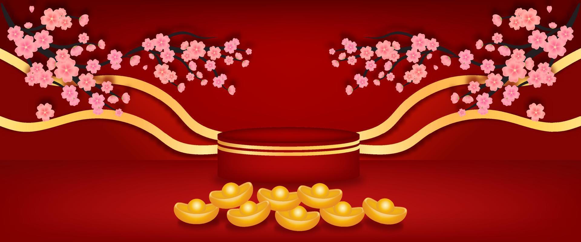 banner felice anno nuovo cinese con composizione podio cilindro vuoto per prodotto cosmetico sfondo astratto asia elemento del vettore. vettore