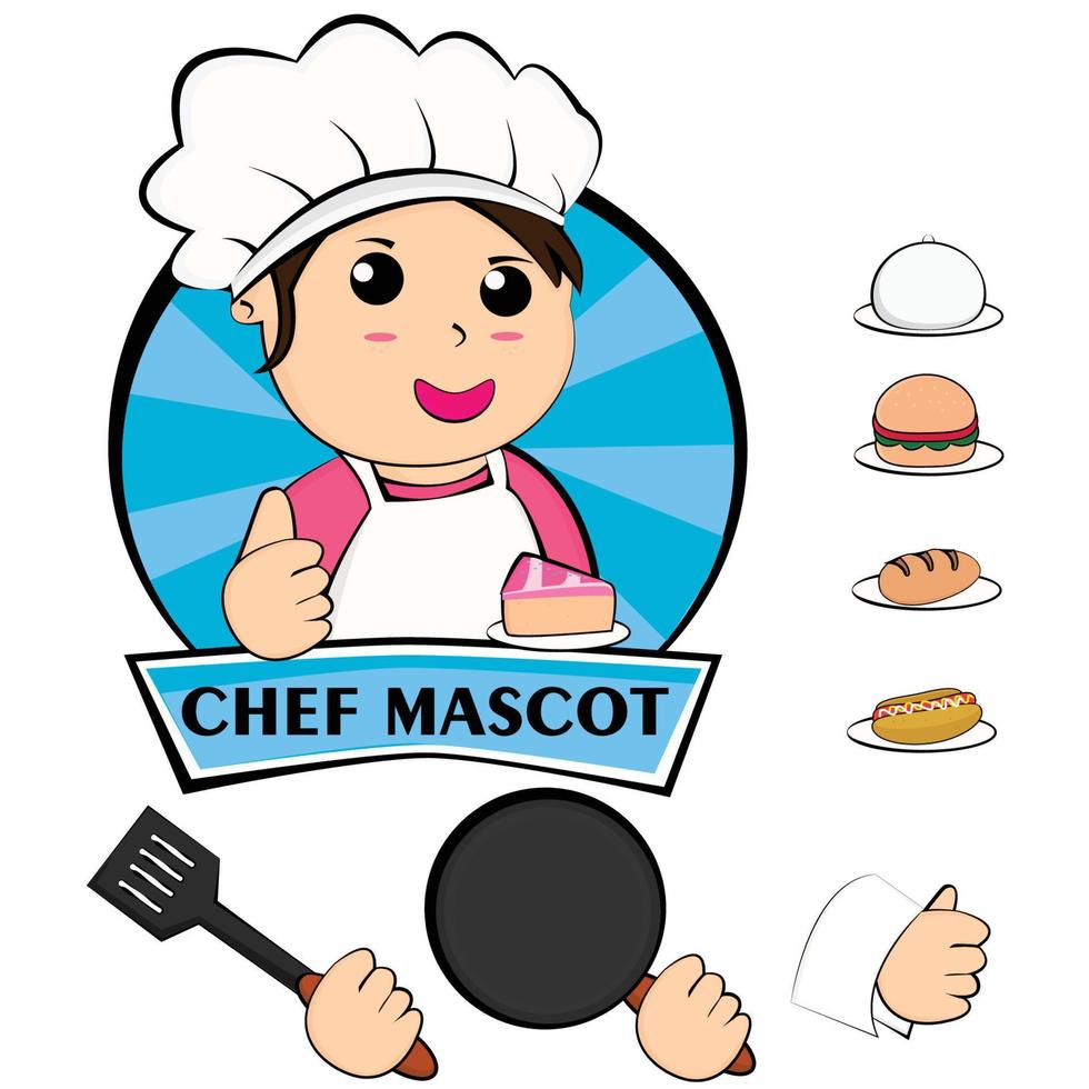 bbundle chef ragazza professionale brandendo, lavoro, cucina, menu, cucina, stoviglie, cucina, logo illustrazione arte del fumetto negozio di panetteria. vettore premium