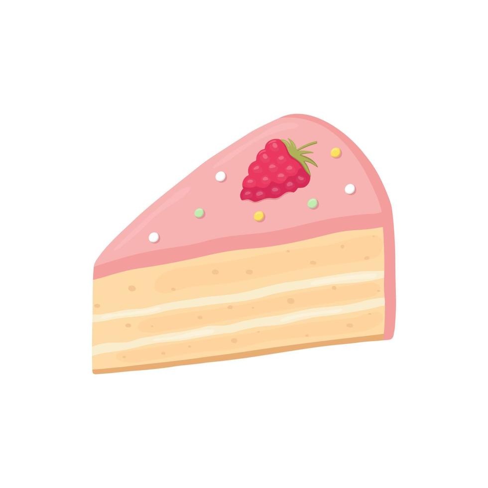 una fetta di torta con glassa rosa, confettini e lamponi. stile cartone animato. ottimo design per qualsiasi scopo. illustrazione vettoriale isolato su sfondo bianco