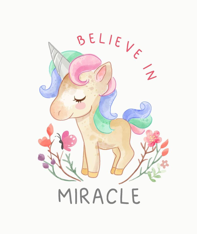 credi nello slogan miracoloso con una simpatica illustrazione di unicorno vettore