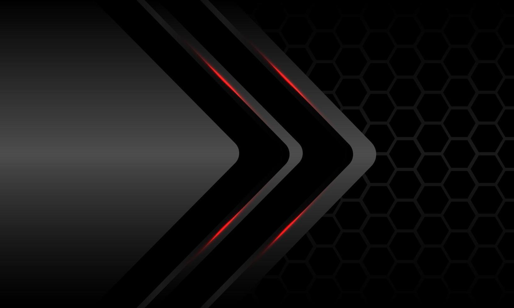 astratto metallico doppia freccia nera direzione della luce rossa grigio scuro maglia esagonale design moderno sfondo futuristico vettore
