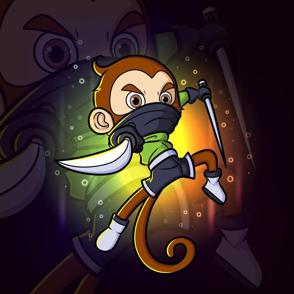 la scimmia ninja fa oscillare il logo del design della mascotte esport katana vettore