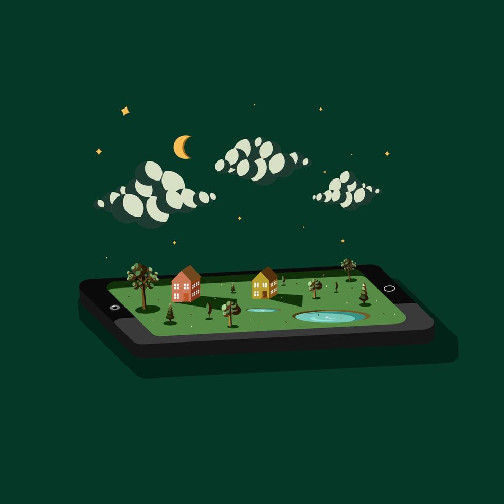 illustrazione 3d del telefono cellulare e del paesaggio notturno vettore