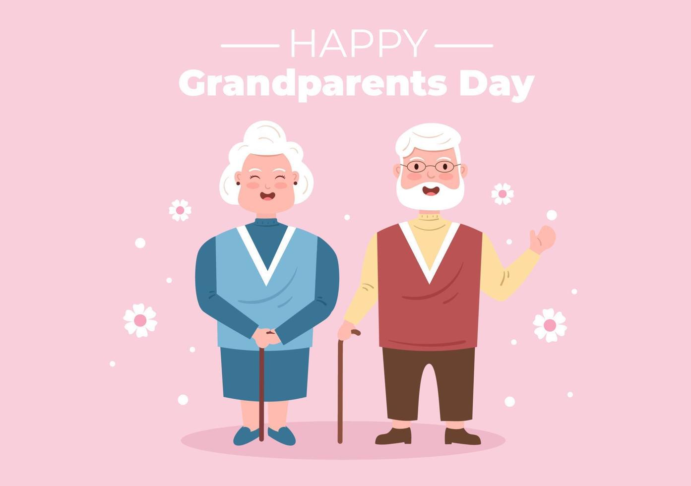 felice giorno dei nonni simpatico cartone animato illustrazione con coppia di anziani, decorazione floreale, nonno e nonna in stile piatto per poster o biglietto di auguri vettore