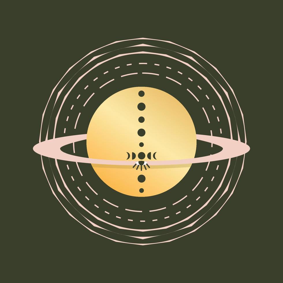 stile vintage boho del sole celeste in astrologia. sole con anelli e fasi lunari isolate. simbolo occulto esoterico per tarocchi. illustrazione vettoriale